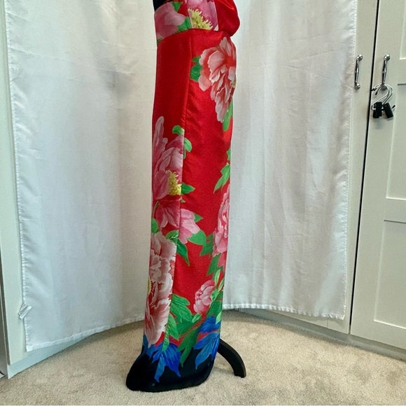 Zara red tropical floral flower strapless maxi dress front slit Sz S NWT - Picture 8 of 16